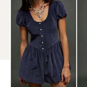 NWT Free People Silver Bells Velvet  Puff-Sleeve Romper, Navy Blue - Size L